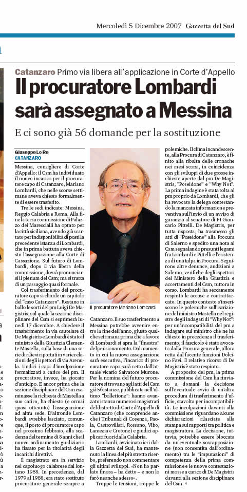Il procuratore Lombardi sarà assegnato a Messina