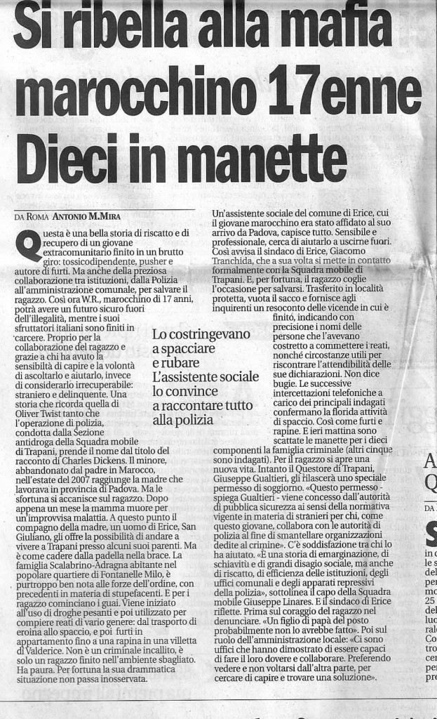 Si ribella alla mafia marocchino 17enne. Dieci in manette