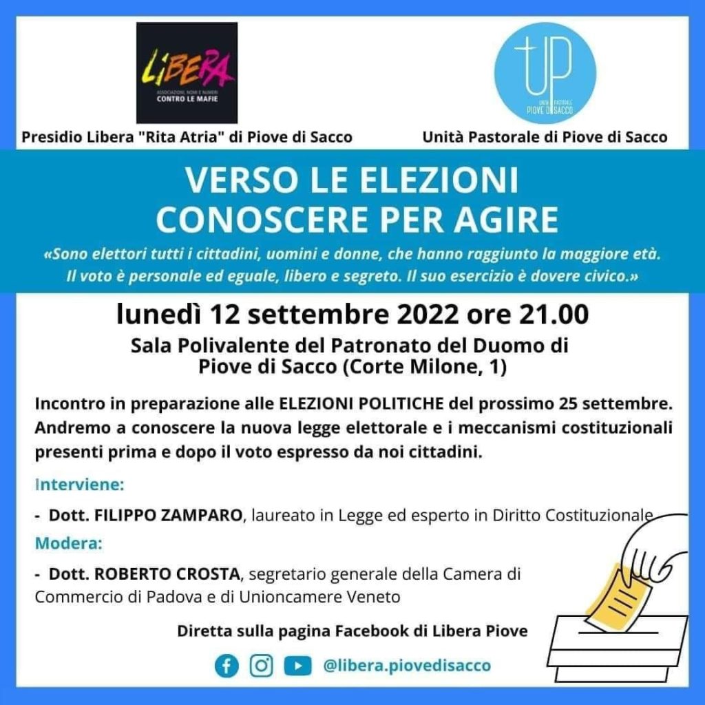 Piove di Sacco (PD) 12/9: “Verso le elezioni. Conoscere per agire”