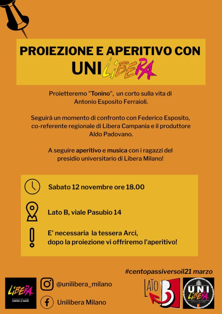 Sabato 12/11, proiezione di “Tonino – il Film” e aperitivo con UniLibera Milano