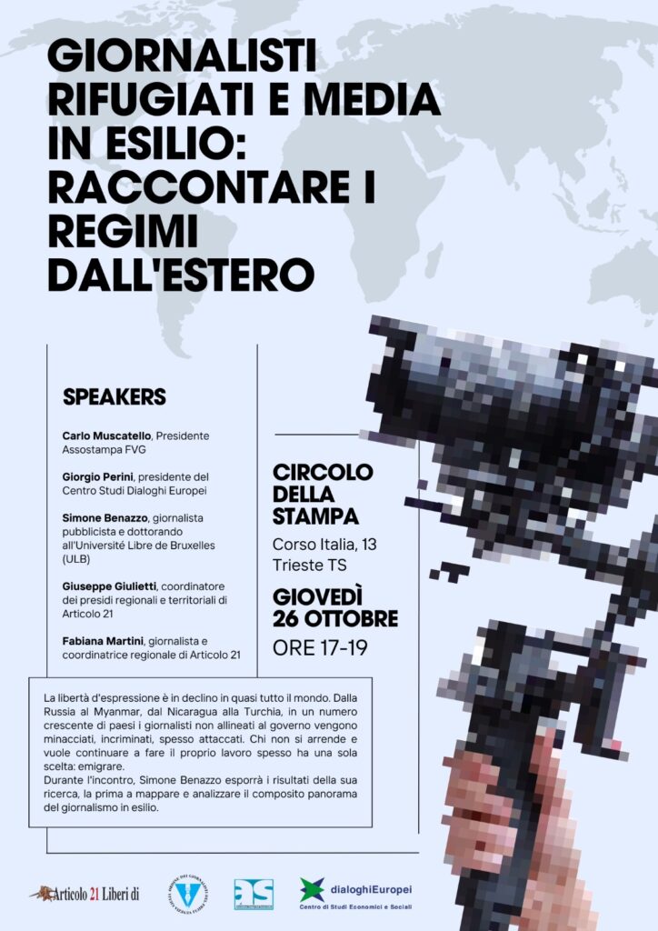 Trieste 26/10: “Giornalisti rifugiati e media in esilio: raccontare i regimi dall’estero”
