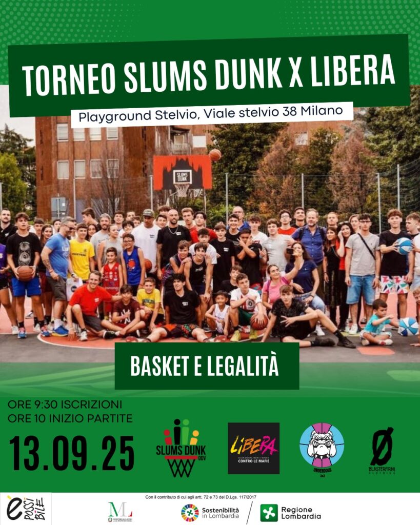 Milano 13 settembre, torneo di basket “Slums Dunk X Libera”