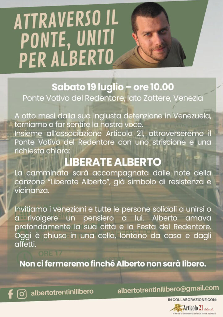 Venezia 19 luglio, al Ponte Votivo del Redentore per chiedere la liberazione di Alberto Trentini