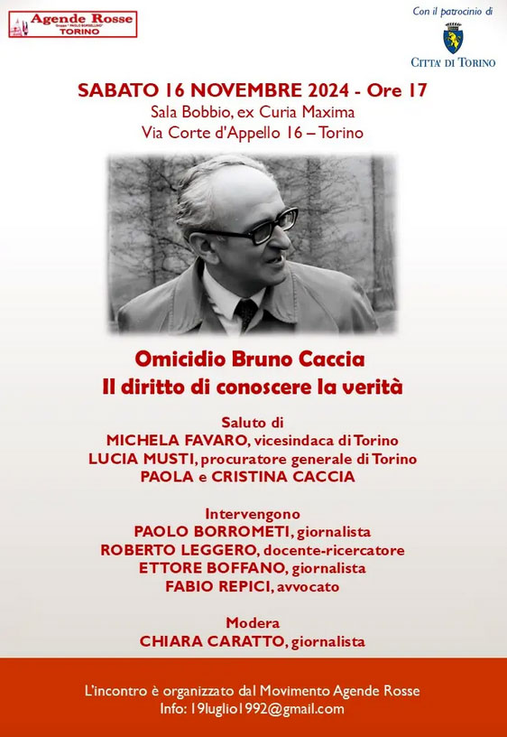 Torino, 16 Novembre: “Omicidio Bruno Caccia – Il diritto di conoscere la verità”