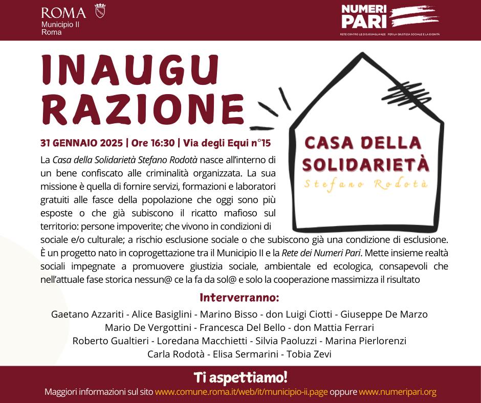 Roma, Municipio II e Rete dei Numeri Pari inaugurano la Casa della Solidarietà “Stefano Rodotà”