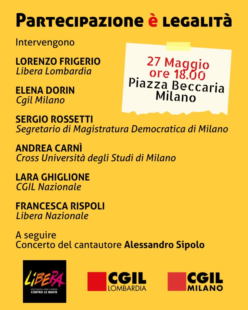Partecipazione è legalità: il 27 maggio in Piazza Beccaria a Milano