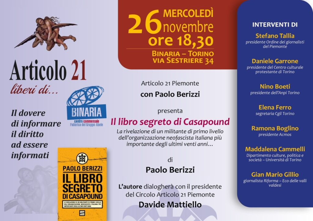 “Il libro segreto di Casapound”: presentazione a Torino, mercoledì 26 novembre