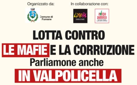 “Lotta contro le mafie e la corruzione”, il 23 maggio l’iniziativa del Comune di Fumane (VR)
