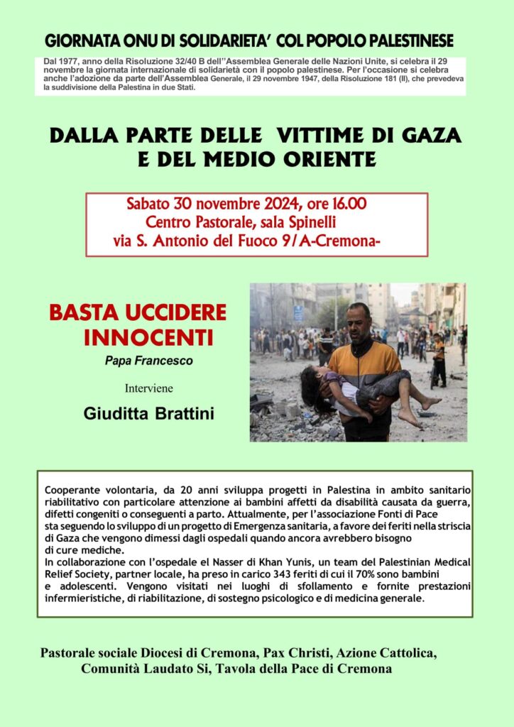 Cremona 30 novembre, iniziativa per la Giornata Onu di solidarietà con il popolo palestinese