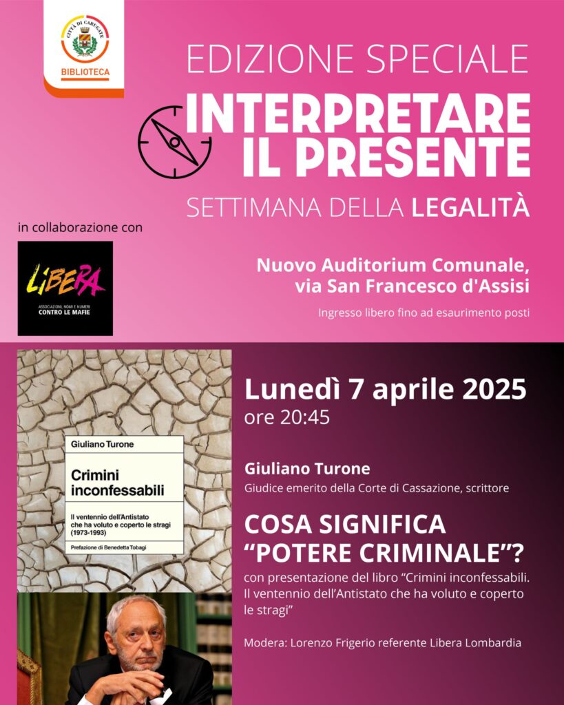 Carugate (MI) lunedì 7 aprile, presentazione del libro “Crimini inconfessabili” di Giuliano Turone