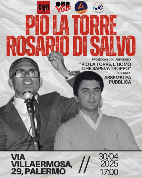 Palermo, 30 Aprile: evento in memoria di Pio La Torre e Rosario Di Salvo