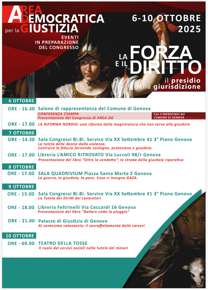 Genova, AreaDG a congresso dal 10 al 12 ottobre: “La Forza e il Diritto: il presidio della giurisdizione”.