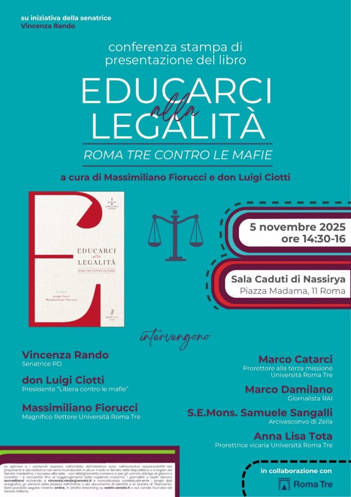 Senato della Repubblica, mercoledì 5/11: “Educarci alla legalità. Roma Tre contro le mafie”