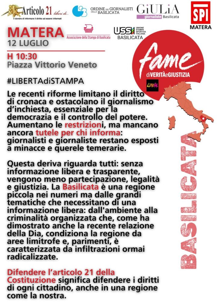Continua in Basilicata “Fame di verità e giustizia”. Dopo Lagonegro, il 12 luglio a Matera