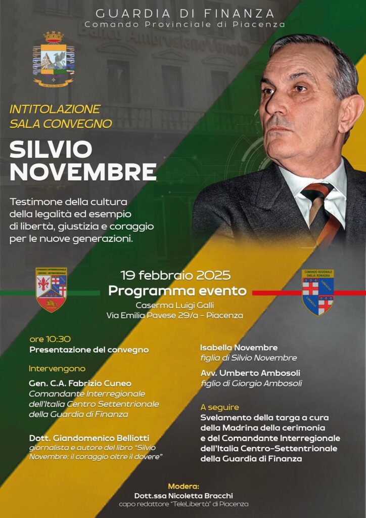 Piacenza 19/2, intitolata a Silvio Novembre la sala convegni della caserma Galli della Gdf di Piacenza
