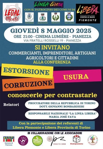 Pianezza (TO) 8 maggio: “Estorsione, usura e corruzione: conoscerle per contrastarle”