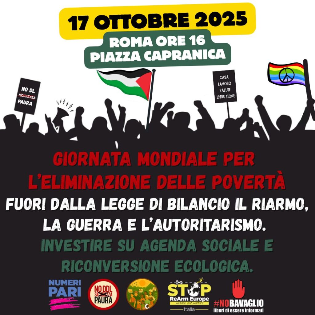 17 ottobre Giornata mondiale per l’Eliminazione delle povertà, manifestazione a Piazza Capranica a Roma